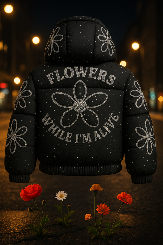 Flower While I'm Alive "Rhinestone" Puffer Coat